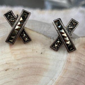 Striking marcasite "X" on sterling silver post earrings, labeled "A"